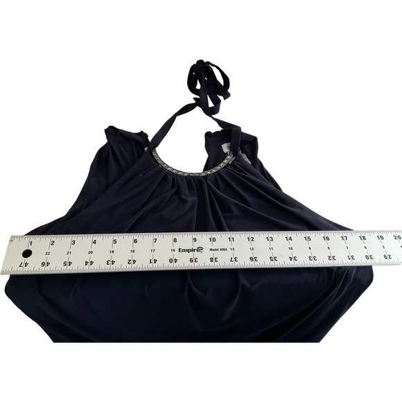 Cach'e Women's 8 Navy Blue Dress Halter Bodycon Ruched Metal Necklace - Picture 5 of 13